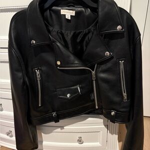 Topshop Black Leather Moto Biker Jacket with Silver Accents
